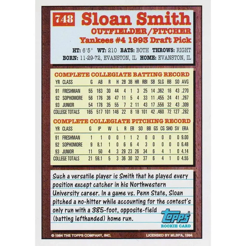 1994 Topps Sloan Smith DPK, RC # 748 New York Yankees